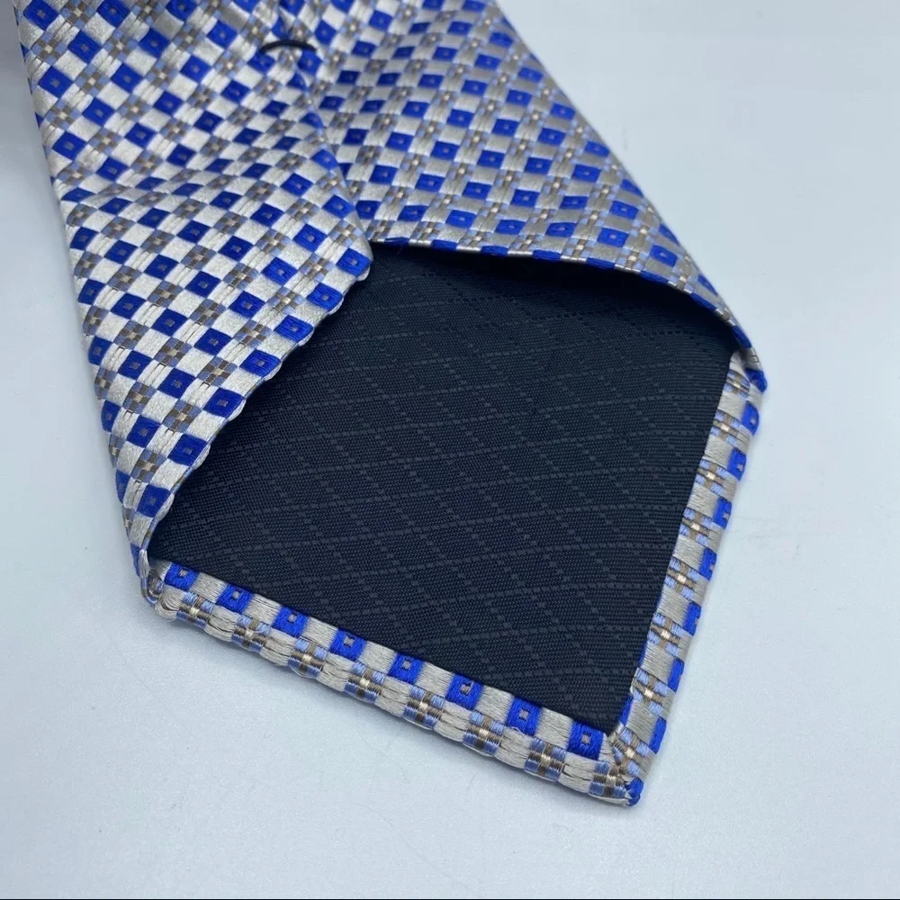 Ike Behar White Blue Gold‎ Square Design Silk Tie
